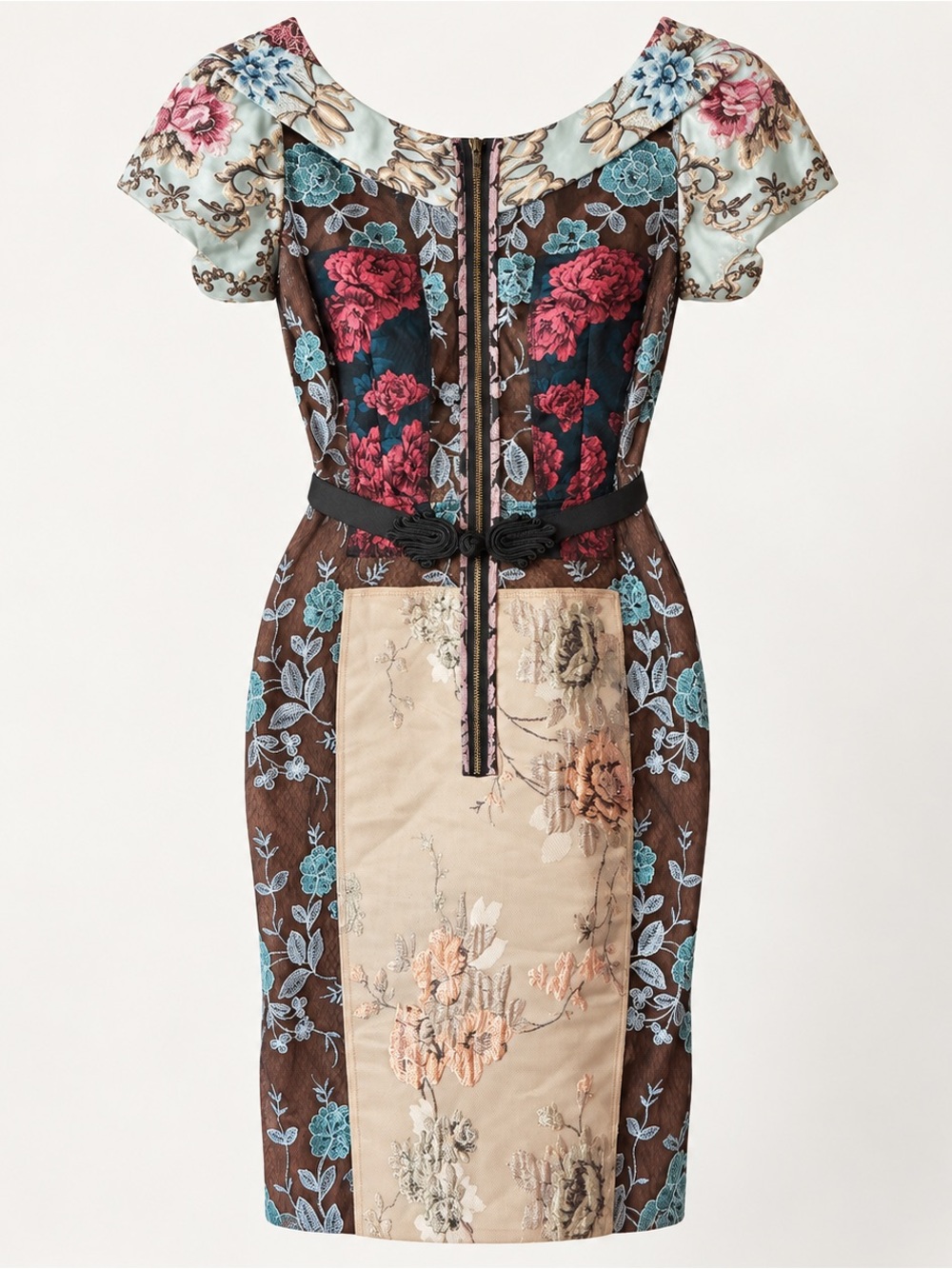 Byron Lars Brown and Beige Floral Patchwork Midi Dress